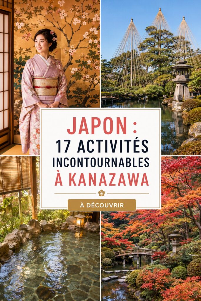 Vue panoramique de la ville de Kanazawa au Japon, montrant ses jardins et son architecture traditionnelle.