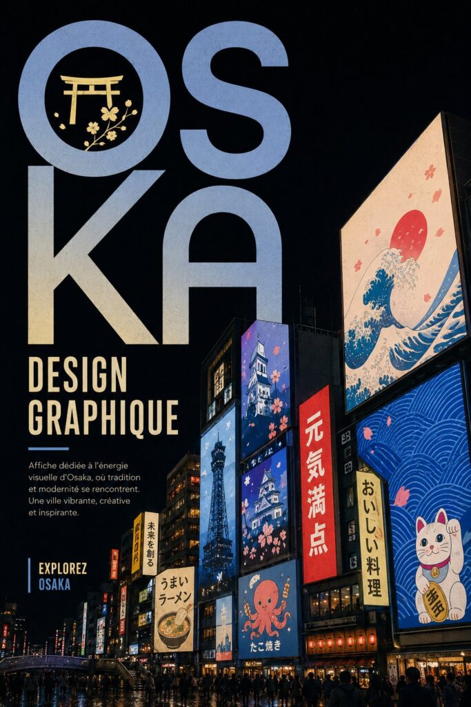 Affiche colorée de design graphique inspirée par Osaka, mettant en avant l'art japonais moderne.