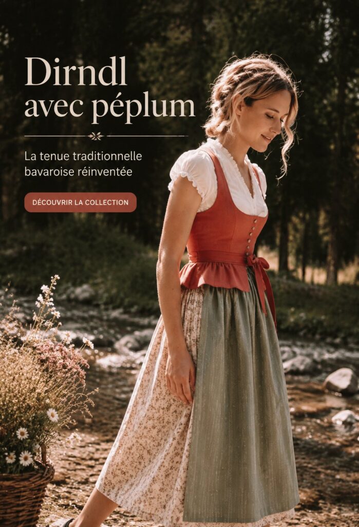 Femme portant un dirndl traditionnel bavarois dans un cadre alpin.