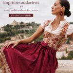 Photo d'une femme portant un dirndl moderne aux imprimés colorés, mettant en valeur la mode traditionnelle