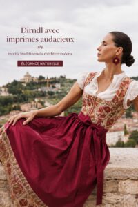 Photo d'une femme portant un dirndl moderne aux imprimés colorés, mettant en valeur la mode traditionnelle