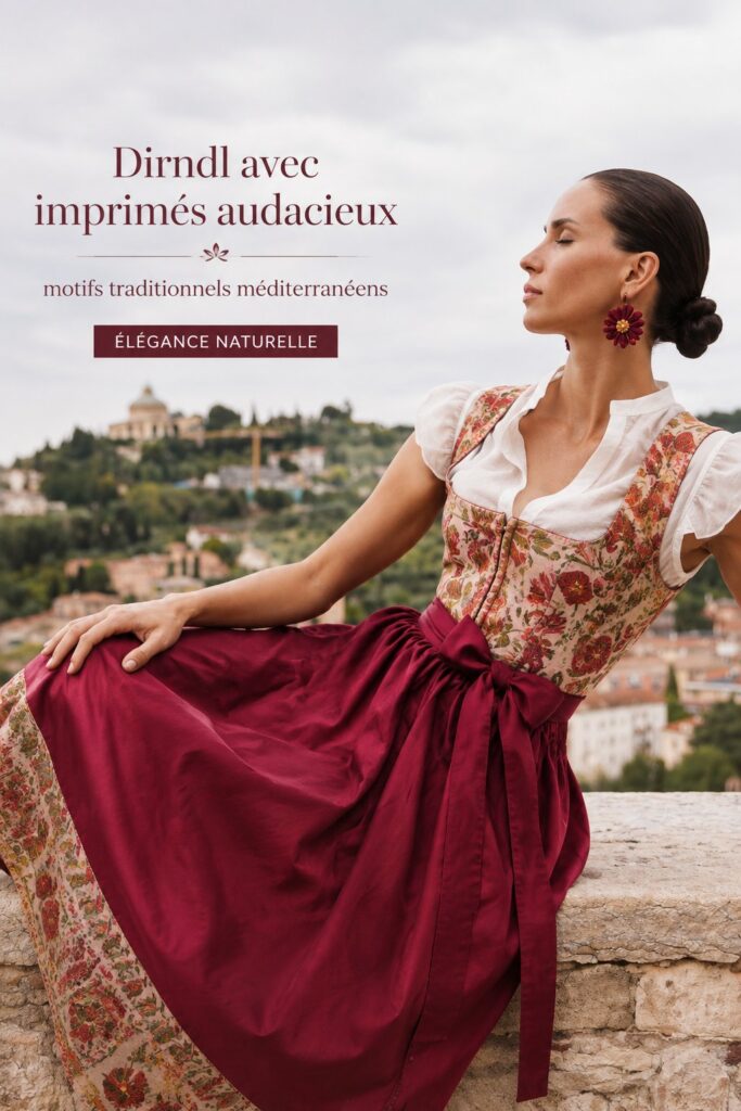 Photo d'une femme portant un dirndl moderne aux imprimés colorés, mettant en valeur la mode traditionnelle