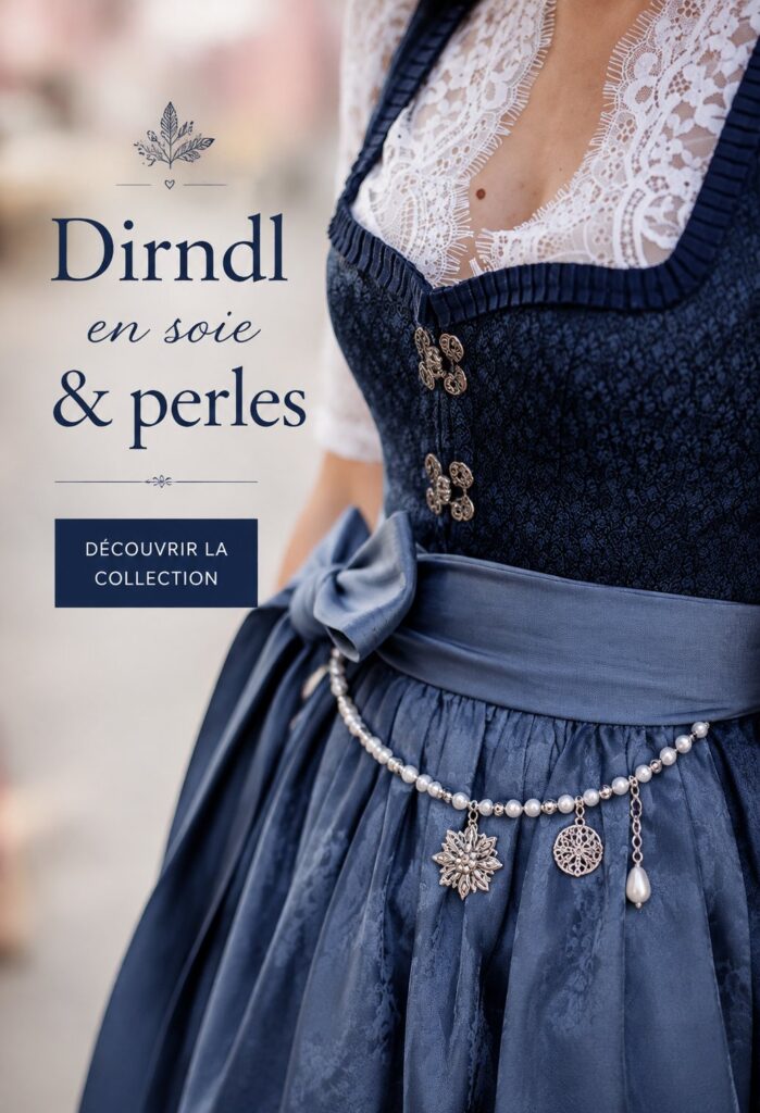 Dirndl en soie ornée de perles, représentant l'élégance de la mode traditionnelle allemande.