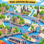 Bateau de tourisme naviguant sur les canaux d'Amsterdam avec vue sur les maisons historiques