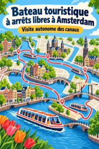 Bateau de tourisme naviguant sur les canaux d'Amsterdam avec vue sur les maisons historiques