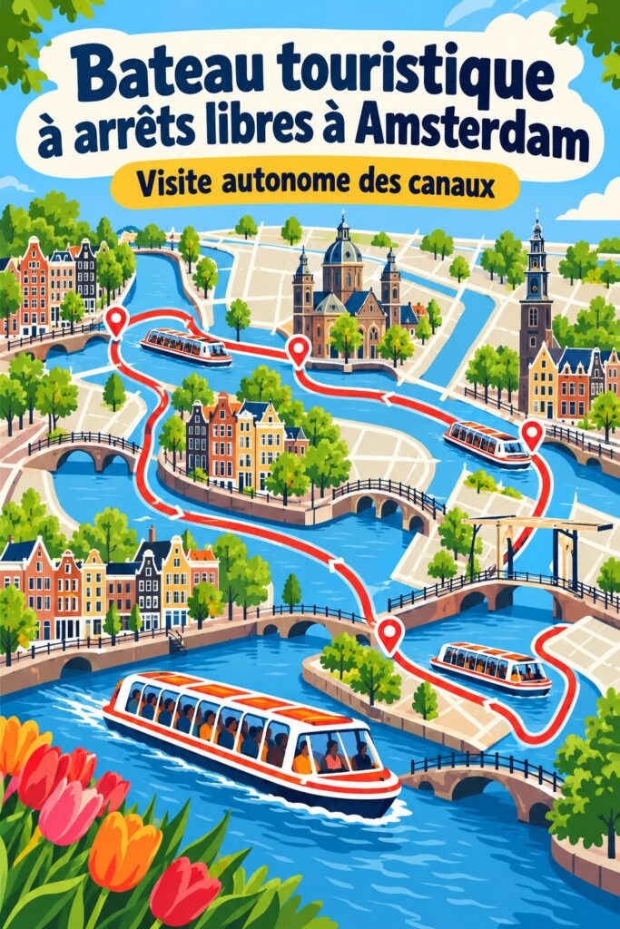 Bateau de tourisme naviguant sur les canaux d'Amsterdam avec vue sur les maisons historiques