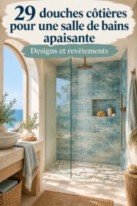 Douche côtière moderne avec des éléments naturels et des couleurs apaisantes.