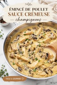 Un émincé de poulet crémeux aux champignons servi avec des légumes.