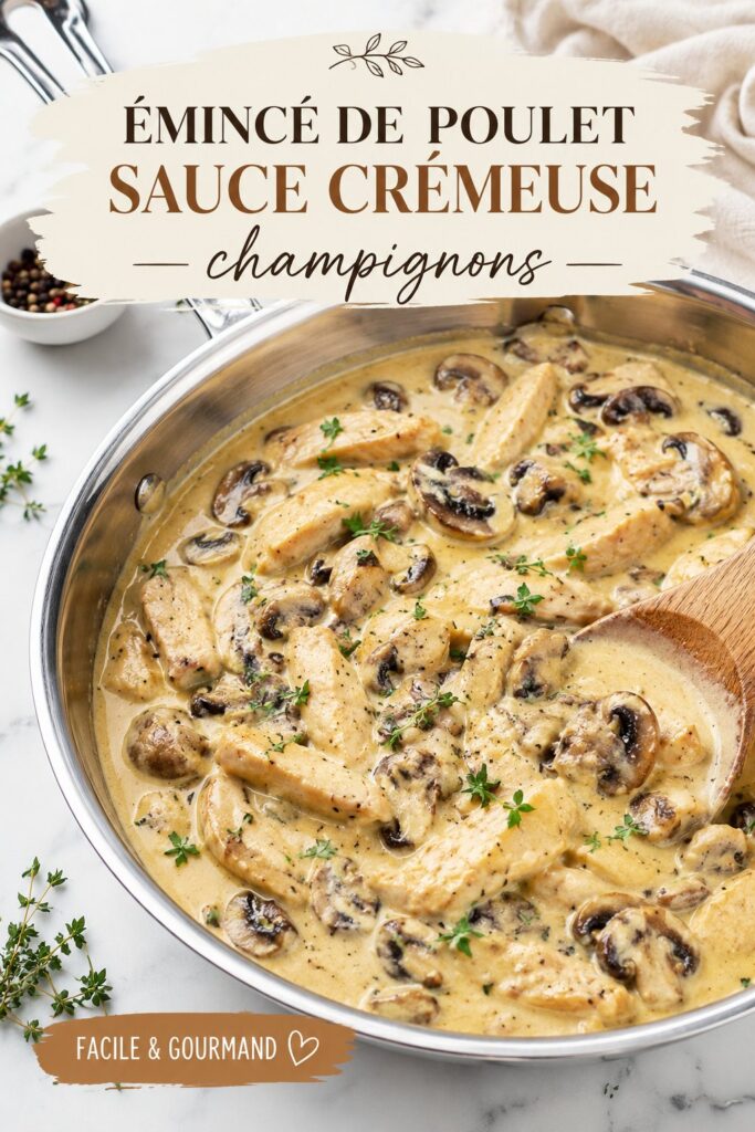 Un émincé de poulet crémeux aux champignons servi avec des légumes.