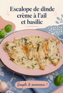 Escalope de dinde à la crème d'ail et basilic, servie dans une assiette élégante