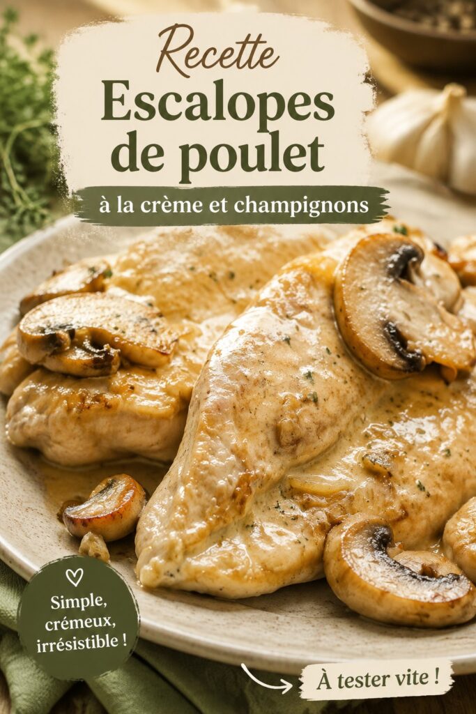 Assiette d'escalopes de poulet à la crème et aux champignons, garnie de persil frais.