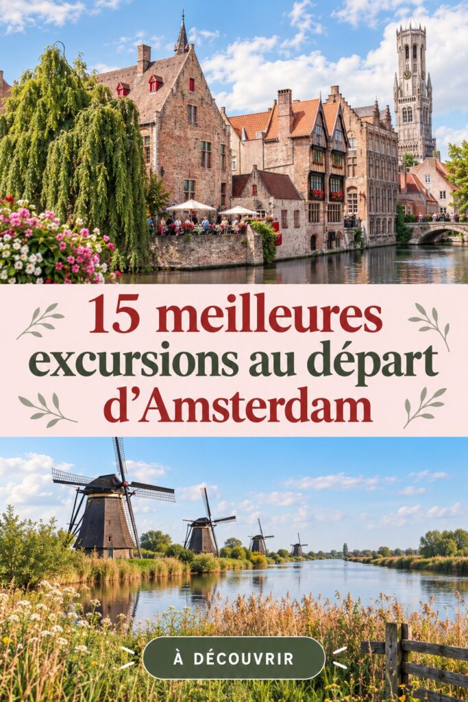 Vue panoramique d'Amsterdam avec des destinations à explorer pour des excursions d'une journée.