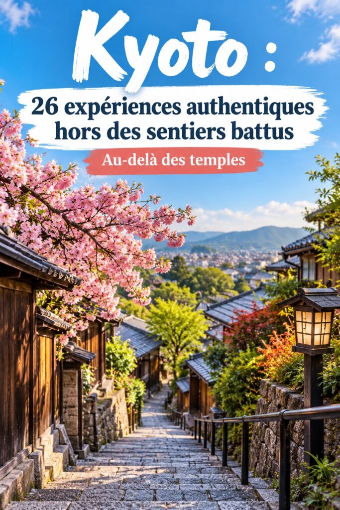 Vue de Kyoto avec des temples et des arbres en fleurs, représentant les expériences authentiques à découvrir.