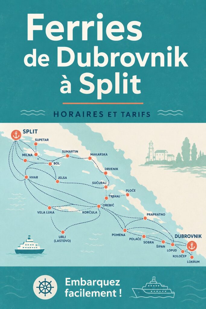 Vue panoramique d'un ferry naviguant entre Dubrovnik et Split sur la mer Adriatique.