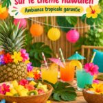 Fête hawaïenne avec décorations tropicales, et plats exotiques.