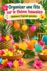 Fête hawaïenne avec décorations tropicales, et plats exotiques.