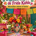 Fête sur la plage avec des décorations inspirées de Frida Kahlo, ambiance colorée et festive.