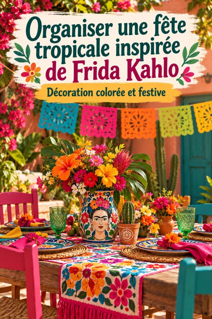 Fête sur la plage avec des décorations inspirées de Frida Kahlo, ambiance colorée et festive.
