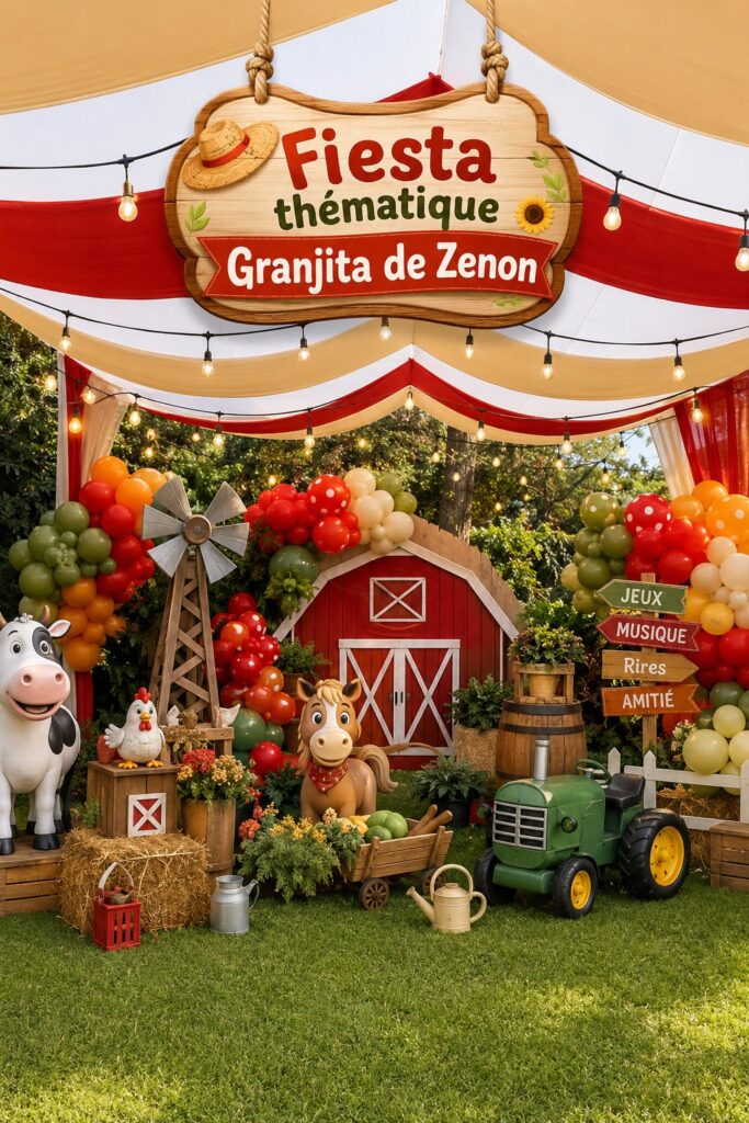 Ambiance festive d'une fiesta inspirée de la Granjita de Zenon avec des décorations colorées.