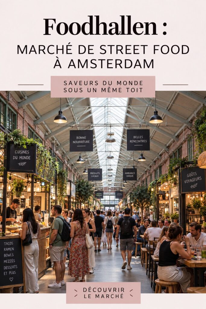 Vue du marché couvert Foodhallen à Amsterdam avec divers stands de street food.