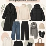 Femme en tenue d'hiver élégante avec une sélection de vêtements de voyage