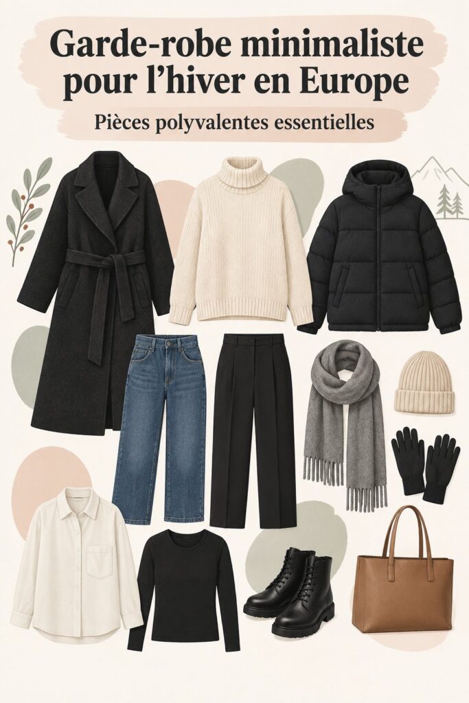 Femme en tenue d'hiver élégante avec une sélection de vêtements de voyage