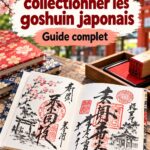 Un collectionneur observant des goshuin au Japon, entouré de temples traditionnels.