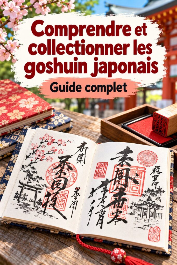 Un collectionneur observant des goshuin au Japon, entouré de temples traditionnels.