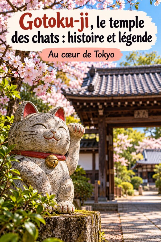 Temples de Gotoku-ji avec des statues de chats en bois en début de printemps.