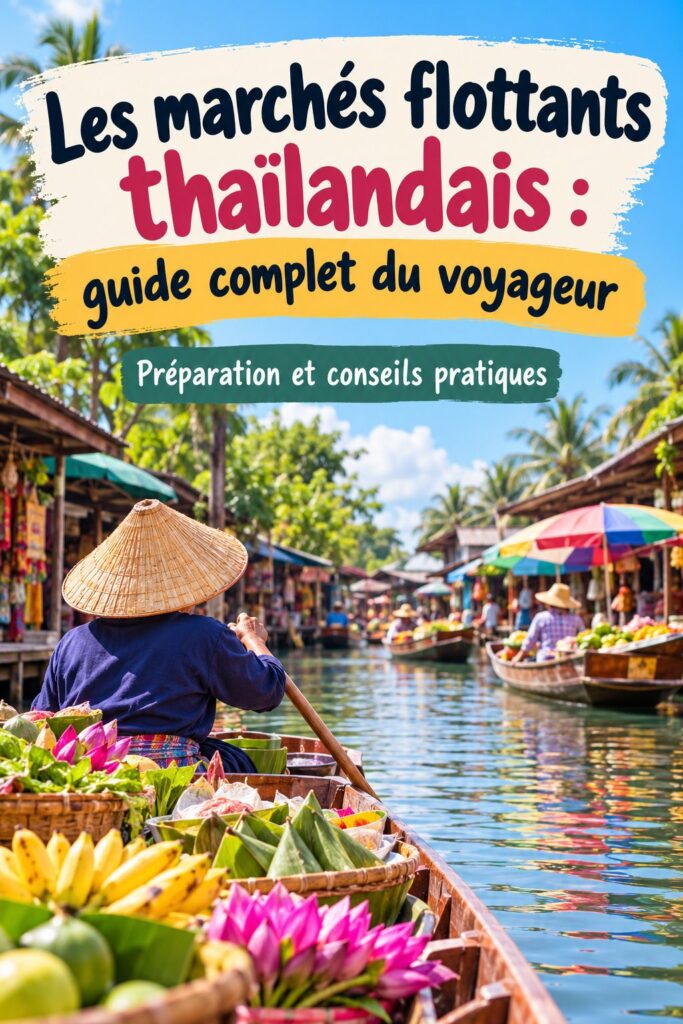 Vue d'un marché flottant en Thaïlande avec des vendeurs et des embarcations colorées