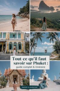 Vue panoramique de la plage de Phuket avec le soleil se couchant à l'horizon.