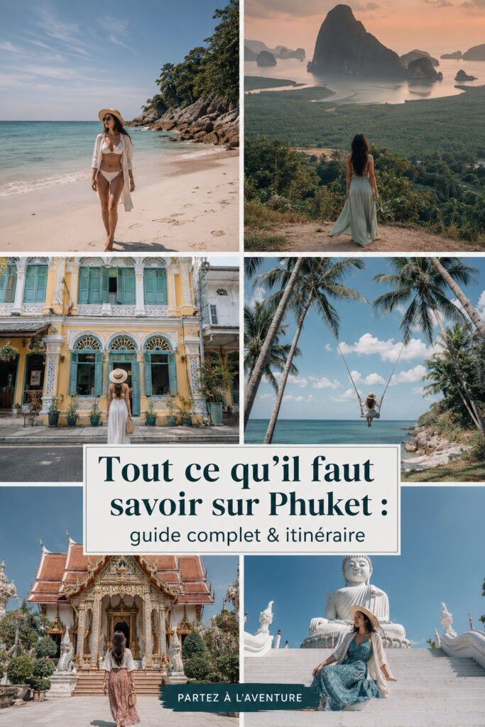 Vue panoramique de la plage de Phuket avec le soleil se couchant à l'horizon.