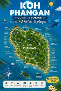 Image d'une plage paradisiaque à Koh Phangan avec des bungalows en arrière-plan