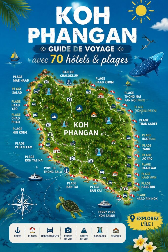 Image d'une plage paradisiaque à Koh Phangan avec des bungalows en arrière-plan