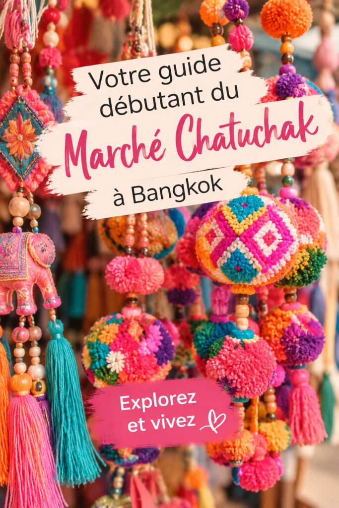 Vue générale du marché de Chatuchak à Bangkok, animé et coloré, avec de nombreux stands.