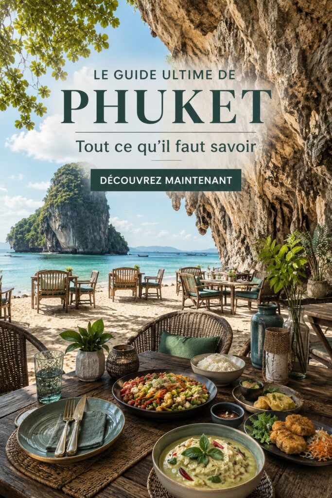 Plage de Phuket avec des palmiers et un ciel bleu, symbole des vacances en Thaïlande.