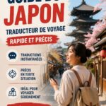 Une femme souriante utilisant une application de traduction sur son smartphone en voyage au Japon.