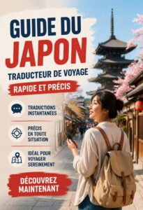 Une femme souriante utilisant une application de traduction sur son smartphone en voyage au Japon.
