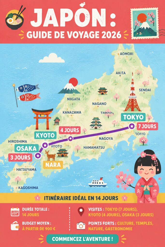 Un paysage japonais avec des cerisiers en fleurs, illustrant les beautés du Japon à découvrir en 2026.