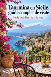 Vue panoramique de Taormina, avec la mer Méditerranée en arrière-plan, mettant en valeur sa beauté naturelle et historique.