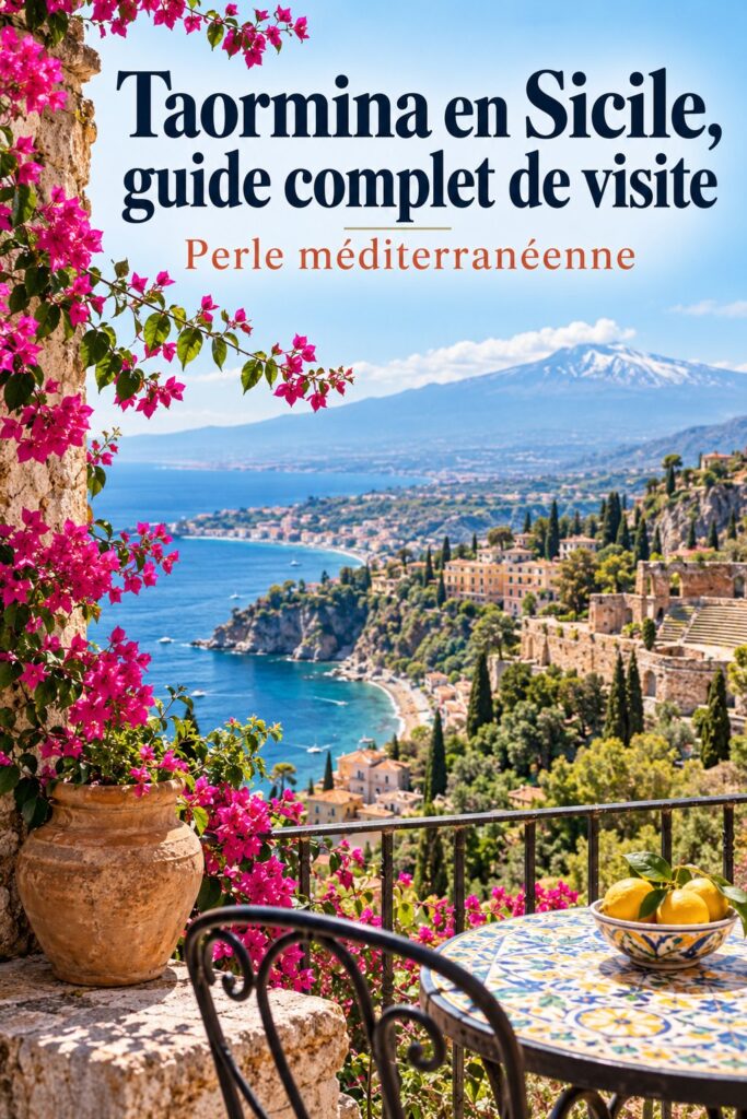 Vue panoramique de Taormina, avec la mer Méditerranée en arrière-plan, mettant en valeur sa beauté naturelle et historique.