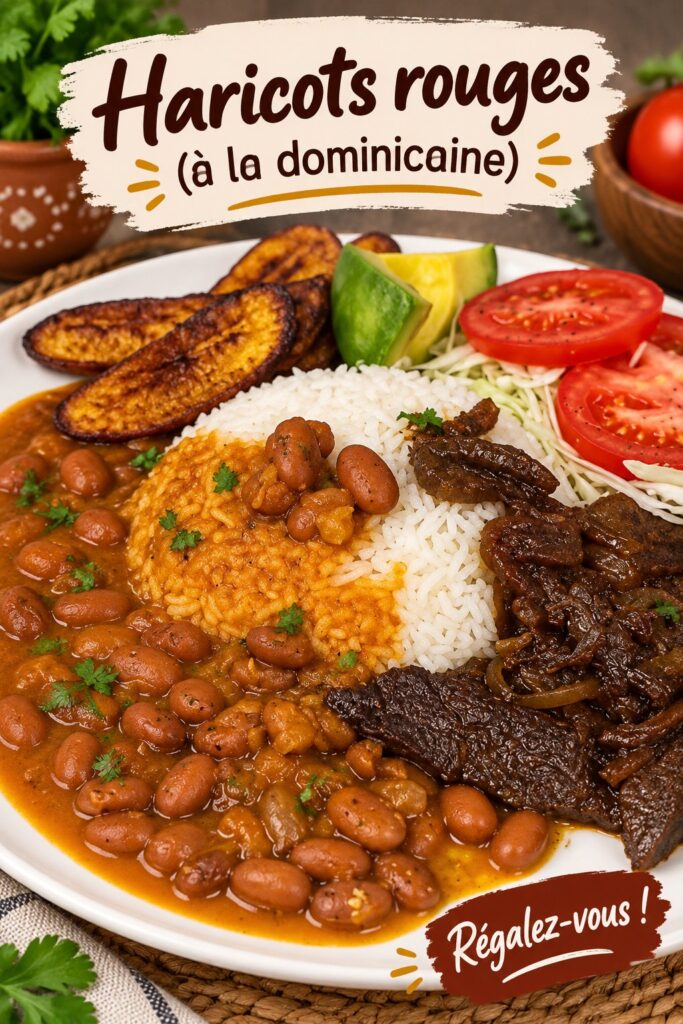 Plat de haricots dominicains bien assaisonnés avec des légumes frais.
