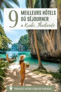 Vue d'ensemble d'un hôtel de luxe à Krabi, Thaïlande, avec plage et palmiers.