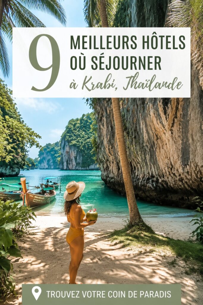 Vue d'ensemble d'un hôtel de luxe à Krabi, Thaïlande, avec plage et palmiers.