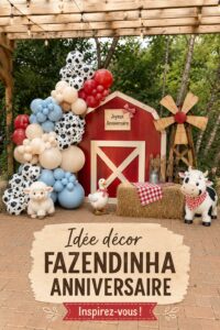 Décoration de fête d'anniversaire inspirée des fermes avec des éléments naturels et rustiques.