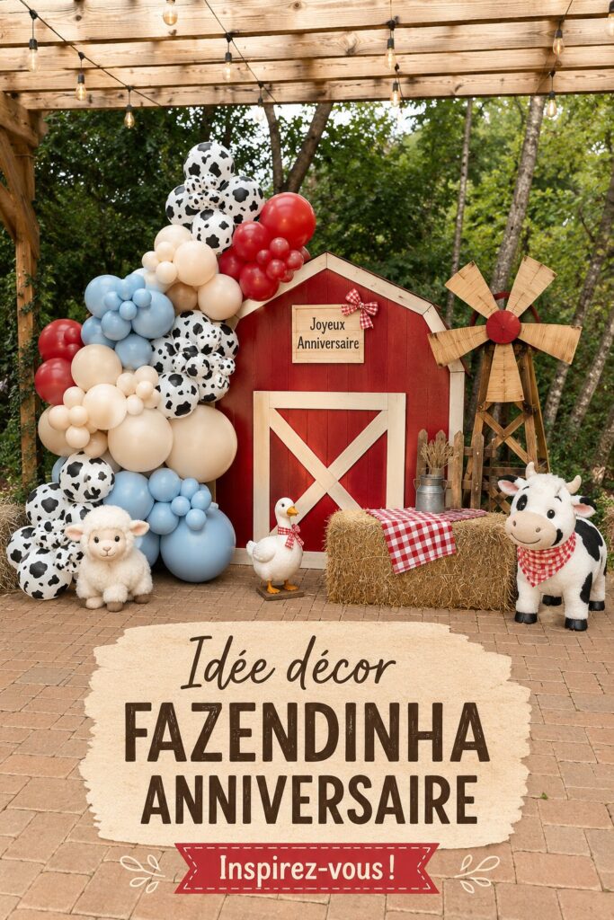 Décoration de fête d'anniversaire inspirée des fermes avec des éléments naturels et rustiques.