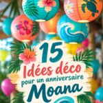 Une table d'anniversaire colorée décorée sur le thème de Moana avec des éléments maritimes.