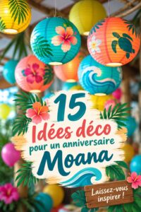 Une table d'anniversaire colorée décorée sur le thème de Moana avec des éléments maritimes.