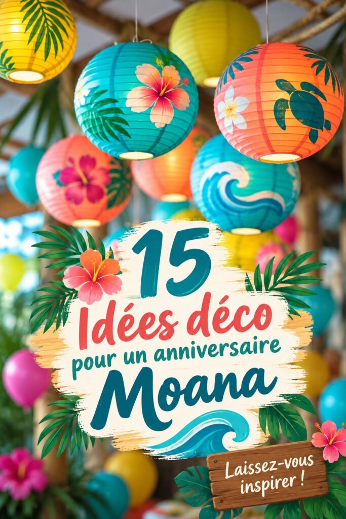 Une table d'anniversaire colorée décorée sur le thème de Moana avec des éléments maritimes.