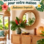 Un intérieur décoré avec des éléments hawaiiens et des plantes tropicales.